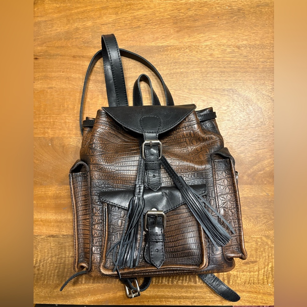 Freebird by Steven Distressed Croc Leather Black and Brown Backpack